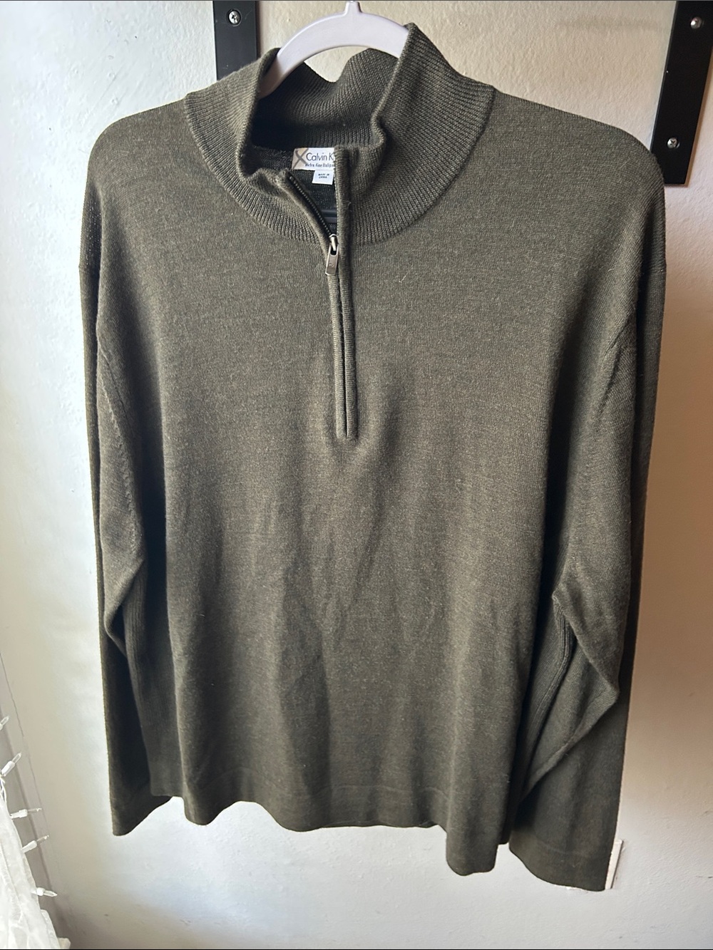 Calvin Klein Dark Green Merino Wool Quarter Zip Sweater